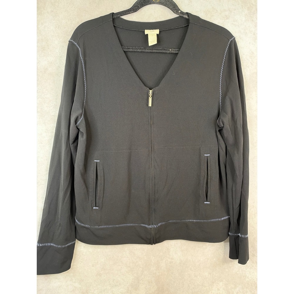J. Jill Cardigan Women Large Black Zip Up V-Neck Whipstitch Trim Casual Jacket